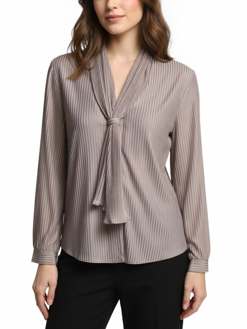 Vintage 80's Women's Pale Pink Accordion Pleated Tie-Neck Long-Sleeve Blouse